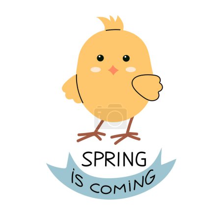 Ilustración de Vector ilustración de dibujos animados polluelo y la primavera está llegando texto - Imagen libre de derechos