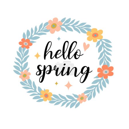 Illustration for Hello spring hand lettering and floral wreath - Royalty Free Image