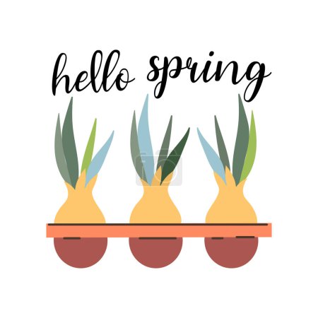 Hallo Frühling Schriftzug mit Blumenzwiebeln 