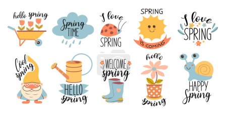Illustration for Spring set. Hello spring quotes set. Spring labels with season calligraphy quotes, flowers. Hand drawn vector illustration. - Royalty Free Image