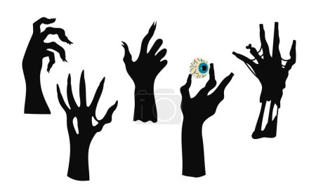 Téléchargez les illustrations : Silhouette mains zombies. Halloween et cauchemar, zombie effrayant et maléfique. Jeu de mains zombies à silhouette vectorielle dessiné à la main sur fond blanc pour jeux, animation ou autres produits graphiques. - en licence libre de droit