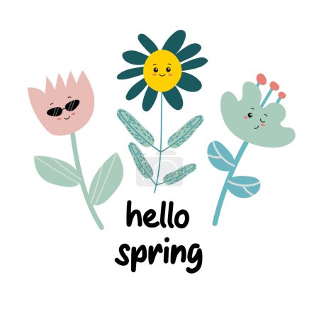 Illustration for Beautiful floral design with text Hello Spring. Hello spring quote. Springtime hand drawn print design. Positive phrase for stickers, postcards or posters. - Royalty Free Image