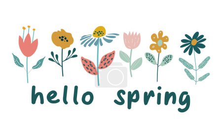 Illustration for Garden floral plants. hello spring text and  flowers in doodle style on a white background. Flat vector illustration. - Royalty Free Image