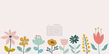 Téléchargez les illustrations : Garden floral plants. flowers in doodle style on a pink background. Flat vector illustration. - en licence libre de droit