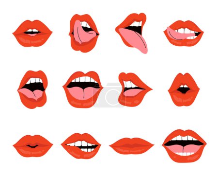 Mundpropaganda. Rote weibliche Lippen Kollektion. Vektor-Illustration von sexy Frauenlippen, die unterschiedliche Emotionen ausdrücken.Lächeln, küssen. Schönheitskonzept, Pop Art, Modehintergrund.