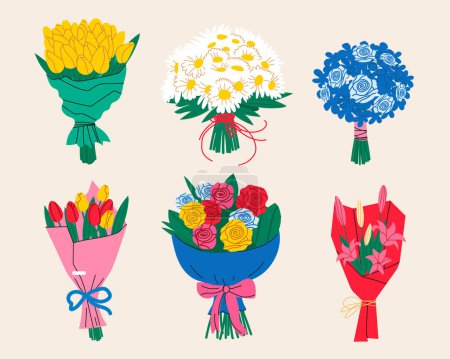 Illustration for Bouquets set. Floral bouquets wrapped in gift paper. colorful summer flowers bouquets for invitation, greeting card, poster, frame, wedding, decoration. - Royalty Free Image