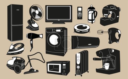 Illustration for Set of household and kitchen appliances. Microwave oven, washing machine, refrigerator, coffee machine, vacuum cleaner, iron, blender, etc. Vector isolated illustration. - Royalty Free Image