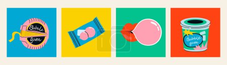 Bubble gum set. Set of four isolated Hand drawn modern vector illustrations.Various gum package set candies in roll, balls, pillows, sticks. Lips with pop ballon.