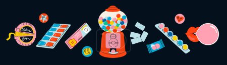 Bubble gum set. Bubblegum candies in roll, balls, pillows, sticks. Lips with pop ballon. Lips with pop ballon. Cartoon style in vibrant colors. Vector illustration.