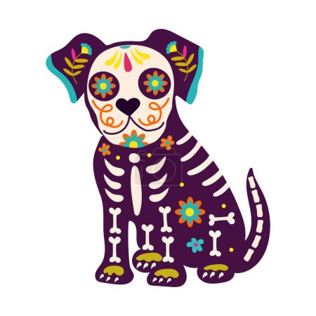 Ilustración de Día de los Muertos, Día de los muertos, cráneo de perro y esqueleto decorado con coloridos elementos y flores mexicanas. Fiesta, Halloween, cartel navideño, fiesta. Ilustración vectorial - Imagen libre de derechos