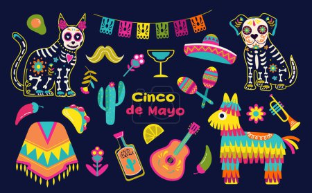  Cinco de Mayo sticker set, May 5, federal holiday in Mexico. Decorated skulls, flowers, skeleton, cactus, sambrero, tequila, guitar. Vector illustration background.