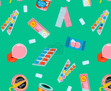 Bubble gum seamless pattern. Chewing candy in stick, pads, bubblegum pack vector illustrations. Background for sweets store packaging.