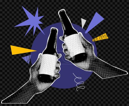 Collage éléments de design dans le style pop art pointillé à la mode. Effet demi-teinte rétro. Les mains humaines tiennent deux bouteilles de bière.Illustration vectorielle avec des formes découpées punk grunge vintage.