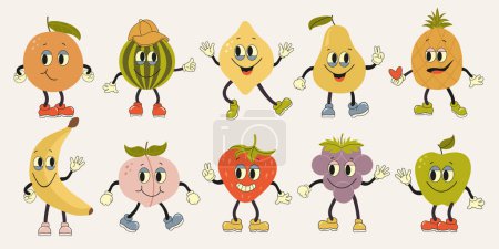 Illustration for Fruit retro funky cartoon characters. Groovy fruits set. Hand draw Funny Retro vintage trendy style fruits cartoon character.Groovy summer vector illustration. Fruits juicy sticker pack. - Royalty Free Image