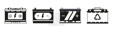 Vector illustrations of different car batteries. Set of colored car batteries isolated on white background. Electric cars. Car spare parts icons. black and white