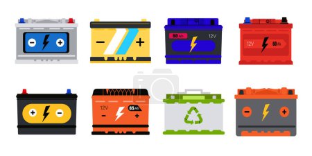 Vector illustrations of different car batteries. Set of colored car batteries isolated on white background. Electric cars. Car spare parts icons.