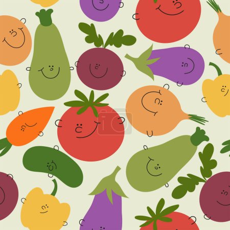 Patrón sin costura vegetal. Colección de verduras de dibujos animados. Bonita zanahoria, cebolla, berenjena, calabacín para niños.