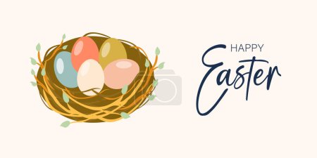 Feliz bandera de Pascua. Estilo minimalista moderno. Huevos de Pascua en una cesta. Vista lateral. Fondo beige. Cartel horizontal, tarjeta de felicitación, encabezado del sitio web.