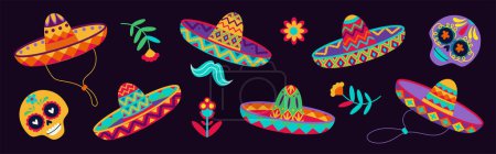 Mexican sombrero hats with color ethnic pattern, vector Mexico holiday and fiesta party objects. Cinco de Mayo carnival. Vector illustration.