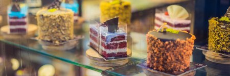 Different types of cakes in pastry shop glass display. BANNER, LONG FORMAT