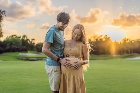 A blissful moment as a pregnant woman and her husband spend quality time together outdoors, savoring each others company and enjoying the serenity of nature.