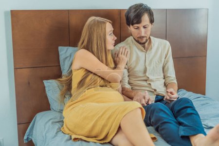 Concerned husband anxiously worries about his wifes pregnancy, seeking reassurance and support.