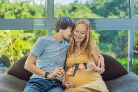 In a touching moment, the pregnant woman and father connect via video call, sharing the joy as they hold up an ultrasound photo, bridging the distance with the anticipation of their babys arrival.