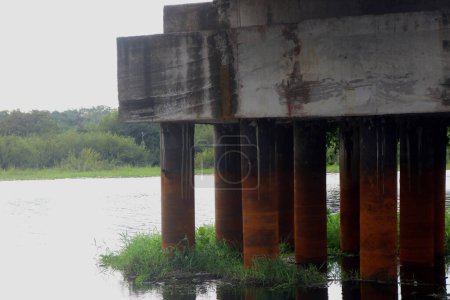 construction of a steel bridge connecting the two regions. crossing a deep river. River water. green plant background