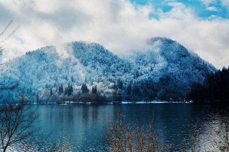 lake bled in winter time surrounded by mountains