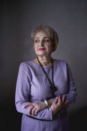       a portrait of a beautiful old woman in a purple dress in the style of fine art                        