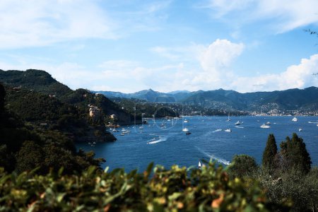  Blick auf die Bucht und die Berge an der Küste Italiens mit viel Grün im Vordergrund 
