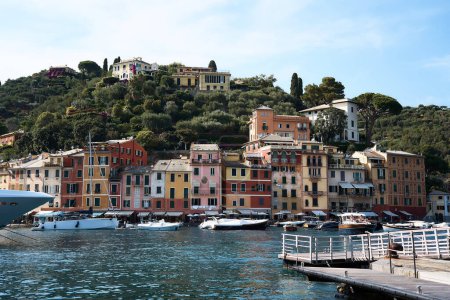                    bay, the boats and houses of Portofino by the sea and on the hill             
