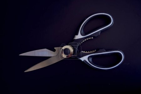 a   kitchen scissors with a jagged blade on a black background                    