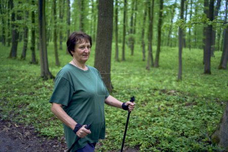an elderly woman is engaged in Nordic walking with sticks in the spring forest