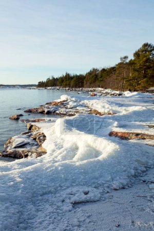 Winter seashore with water, ice, snow, trees and rocks, Kopparnas, Finland.