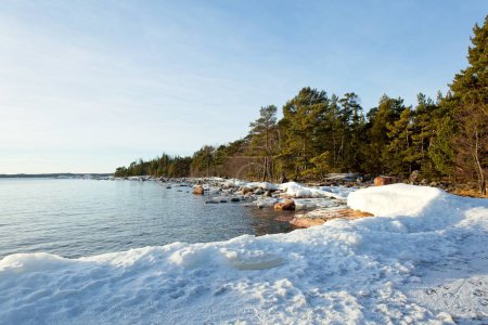 Winter seashore with water, ice, snow, trees and rocks, Kopparnas, Finland.