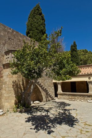 Vista de las escaleras de piedra y el árbol en el soleado clima de primavera en el monasterio medieval Filerimos, Rodas, Grecia.
