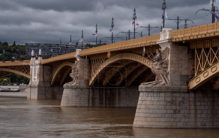 Pillars of Margaret Bridge in Budapest, Hungary over the River Danube