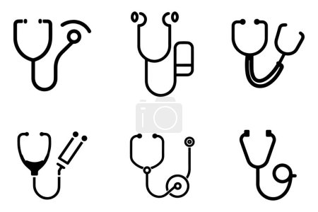 Illustration for Stethoscope Icon Set Outline Silhouette Icons In White Background - Royalty Free Image