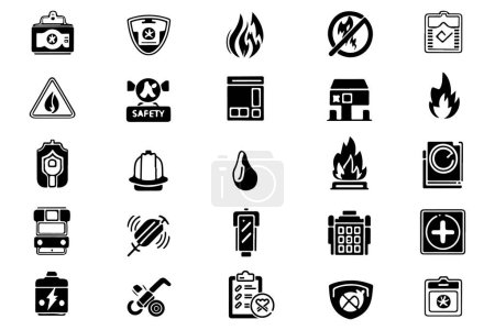 Téléchargez les illustrations : Icônes de sécurité incendie contour vecteur sur fond blanc illustration - en licence libre de droit