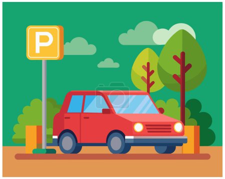 Téléchargez les illustrations : Parking et véhicule parking gratuit zone pelouse illustration sur fond blanc - en licence libre de droit