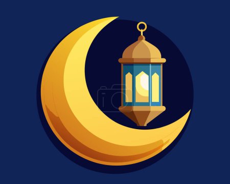 Greeting Card Design with Lantern and Crescent Hanging Against vector illustration