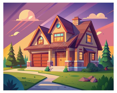 Beautiful front view of a cartoon house with green garden vector