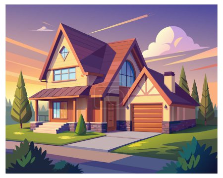 Beautiful front view of a cartoon house with green garden vector