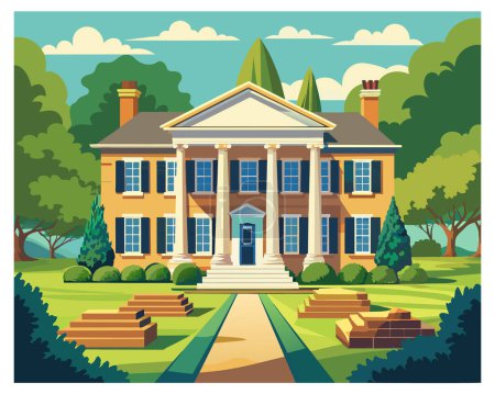 Beautiful front view of a house with green garden vector illustration