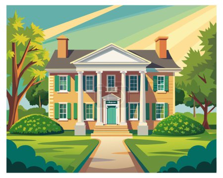 Beautiful front view of a house with green garden vector illustration