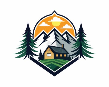 Logo immobilier maison et illustration vectorielle montagne
