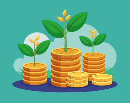 Young sprout from a pile of Many Gold Coins Vector illustration
