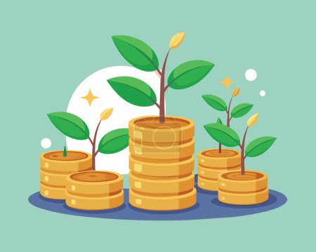 Young sprout from a pile of Many Gold Coins Vector illustration