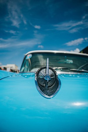 Thames, New Zealand, 24 November 2022, Beach Hop Car Rally: Restored Vintage sky blue car - detail shot